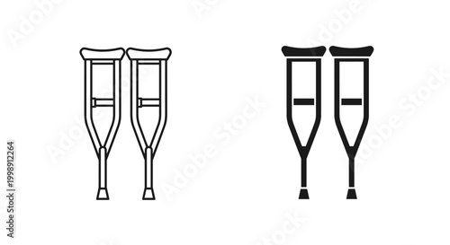 Medical crutches vector icons, orthopedic walking aids for injury recovery, black and white line art and solid silhouette symbols for healthcare