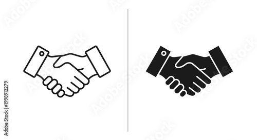 Business handshake vector icons, professional partnership and agreement symbols, black outline and solid silhouette deal signs for corporate success