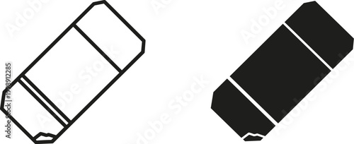 Minimalist rubber eraser vector icons, black and white school supply symbols, stationery tool for correction and editing, isolated office equipment