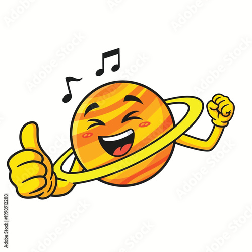 Cartoon Saturn, smiling planet, music notes, thumbs up, vector emoji