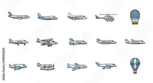 Collection of various airplanes and hot air balloons.
