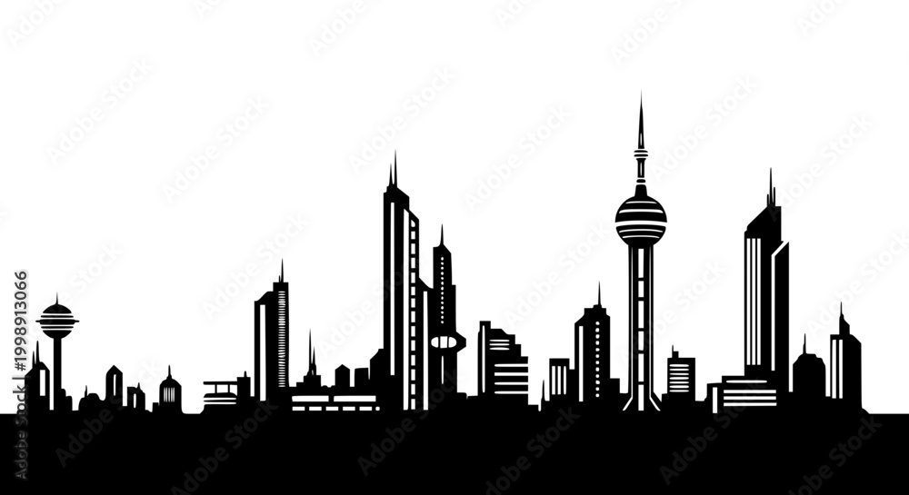 Obraz premium Kuwait City Skyline Silhouette Illustration Vector Black and White