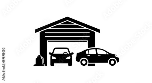 Garage icon with parked cars and equipment silhouette