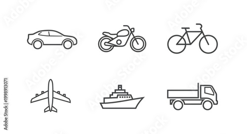 Collection of six different transportation vehicle icons.