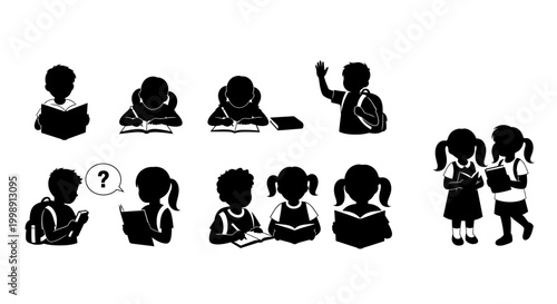 Set of School Children Silhouettes Studying and Reading Books