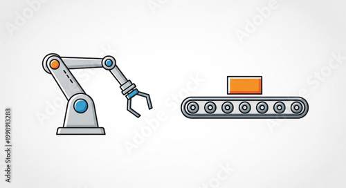 Robotic arm and conveyor belt with product.