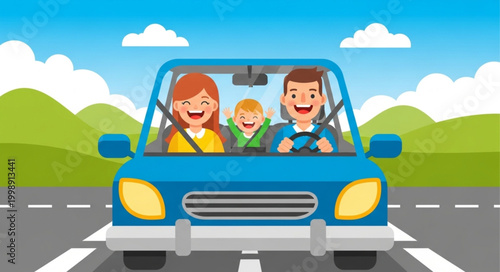 Happy family enjoying a road trip in a blue car.