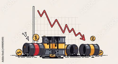 Oil barrels and falling stock market graph illustrating economic downturn.