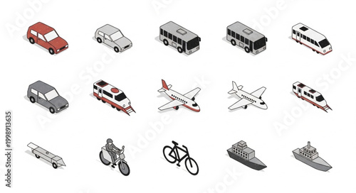 Collection of isometric transportation vehicles and modes of travel.
