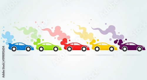 Colorful sports cars in a line with smoke trails.