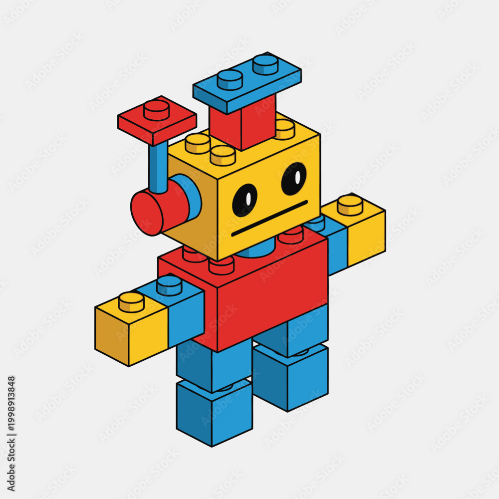 Fototapeta premium Colorful Lego Robot Figure, Brick Toy Character, Red Blue Yellow Blocks, Playful Vector Illustration