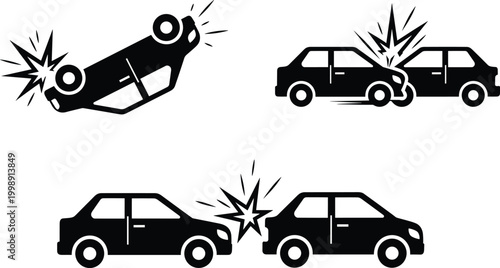 Schilderij op canvas Car accident silhouettes set collision crash icons vehicle damage rollover impac