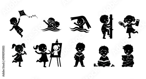 Set of Children Silhouettes Engaged in Various Activities