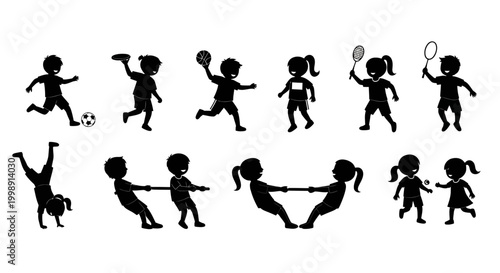 Set of Children Playing Sports and Outdoor Activities Silhouettes