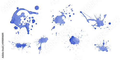 Artistic blue transparent ink splashes and watercolor paint splatters create a grunge liquid texture design element with colorful spray spots and vector ink blots on a decorative artistic frame