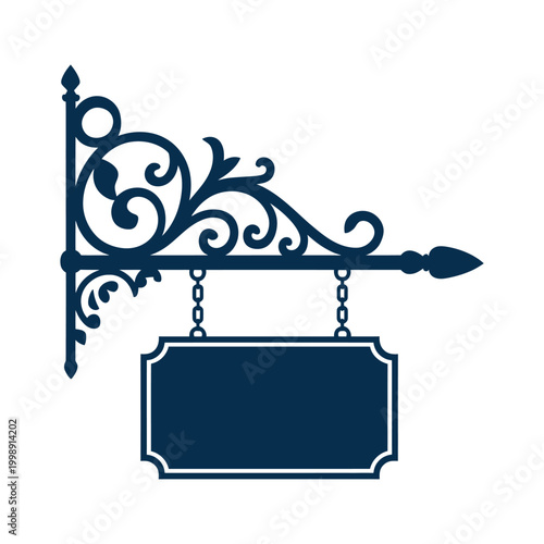 Vintage wrought iron sign bracket with blank hanging plaque for shop or cafe exterior branding isolated on transparent background.