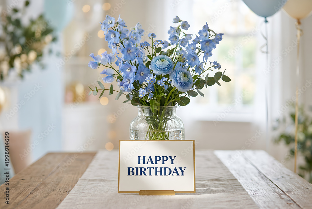 Obraz premium Happy birthday floral arrangement with card and blue flowers, elegant festive decoration for celebration event, beautiful floral design
