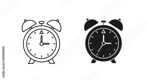 Minimalist alarm clock vector icons, black and white twin bell clock symbols, retro analog timer illustrations for schedule and time management