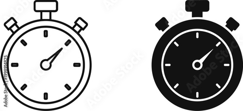 Minimalist stopwatch icons set, black and white timer vector symbols, chronometer outline and solid glyph for time management and sports tracking