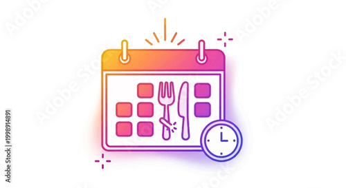 Calendar with Fork and Knife Icon and Clock, Meal Planning, Appointment, Schedule, Time Management