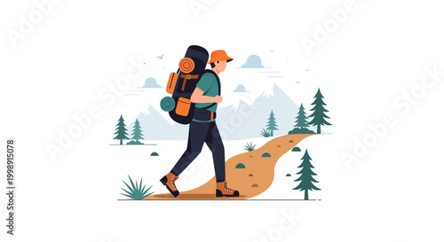 Hiker with Backpack Walking on Mountain Trail Surrounded by Pine Trees and Snow-Capped Peaks