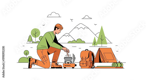 Man cooking at campsite with tent and backpack in mountains, outdoor adventure
