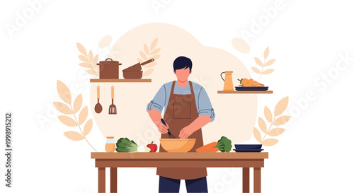 Man cooking healthy food in kitchen, preparing fresh vegetables for meal