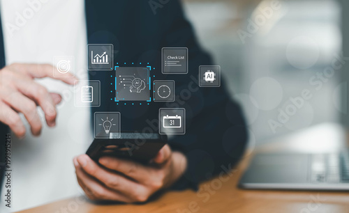 Person using smartphone with AI productivity app interface featuring scheduling, analytics, task management, and automation tools, representing artificial intelligence, smart business solutions