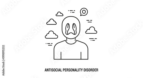 Antisocial Personality Disorder Icon: Man with Masked Face and Clouds, Symbolizing Mental Health Issues