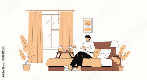 Man Enjoying Breakfast in Bed with Coffee and Pastries