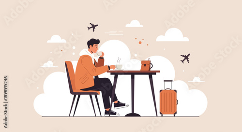 Man enjoying coffee at airport cafe with luggage and planes flying overhead