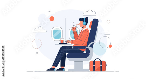 Man enjoys flight with headphones and drink, traveling by airplane