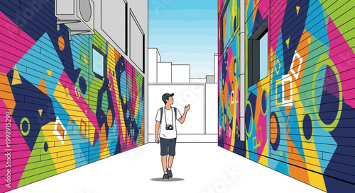 Man exploring vibrant graffiti alleyway with colorful abstract murals and geometric patterns