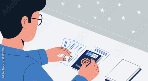 Man holding passport and tickets, preparing for travel, visa application, international journey