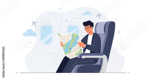 Man in airplane seat studying map, planning travel route, window view