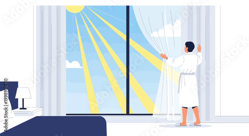 Man in bathrobe opens curtains to bright sunbeams streaming into bedroom, morning light.
