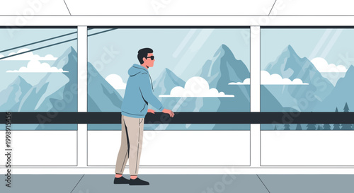 Man in ski lift enjoying mountain view, winter travel and adventure