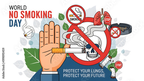 No Smoking Day campaign illustration with hand stopping cigarette and lung health protection concept