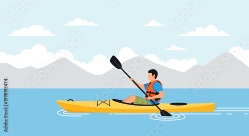 Man kayaking on a calm lake with mountains and clouds in the background