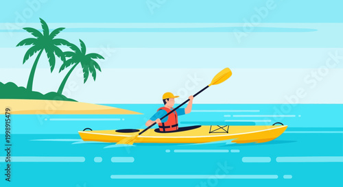 Man kayaking in tropical ocean near island with palm trees, active lifestyle and summer vacation