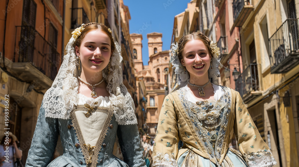 Fototapeta premium Fiestas de Santa Maria Magdalena celebrations in a narrow European street with two women in traditional clothing
