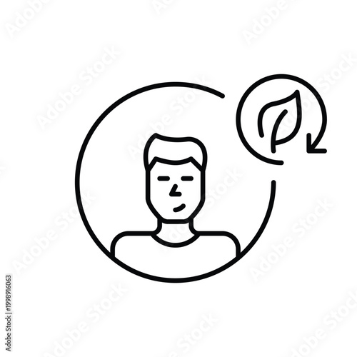 Male user avatar, leaf and renew arrow. Ecology forums and activists. Pixel perfect, editable stroke vector icon