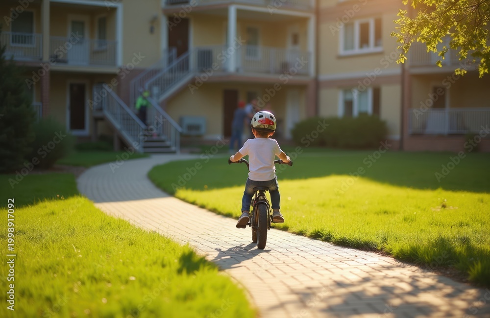 Fototapeta premium Young child wearing helmet rides bicycle on paved pathway in sunny grassy courtyard. Kid pedals near apartment building enjoying outdoor activity, learning to balance, exploring neighborhood in warm