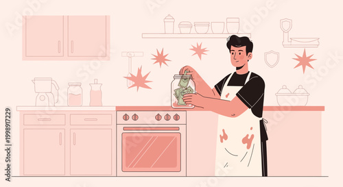 Man Preserving Food in Kitchen, Homemade Pickles, Healthy Eating