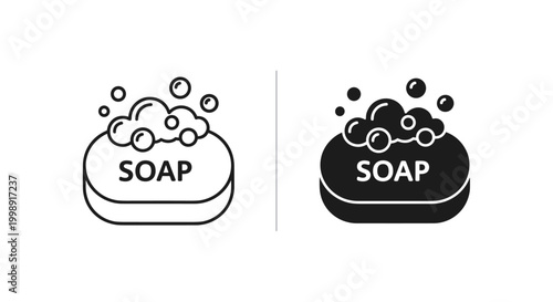 Minimalist soap bar icon set with foam bubbles, black and white hygiene vector symbols, bathroom cleaning product illustrations