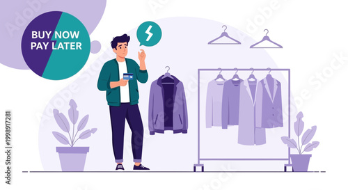 Man using buy now pay later for fashion shopping with credit card and clothes on rack