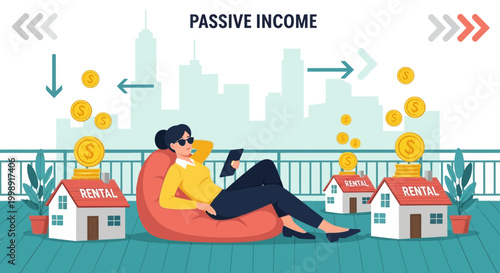 Passive Income: Woman Relaxing with Rental Properties and Money Flow