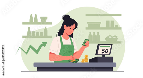 Sad cashier counting money at checkout, rising prices concept