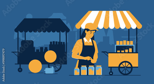 Street food vendor selling food from a cart, urban background, diverse food stalls