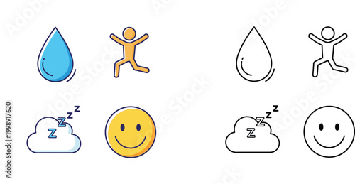 Healthy Lifestyle Routine Icon Set with Water Drop, Physical Exercise, Sleep, and Happiness Emoji, Color and Line Art Versions for Wellness and Kids Educational Design Vector Illustration